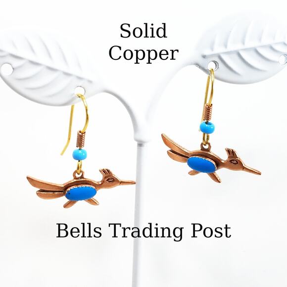 Vintage Roadrunner Solid Copper Earrings, Bells Trading Post, 1970s - Picture 1 of 10